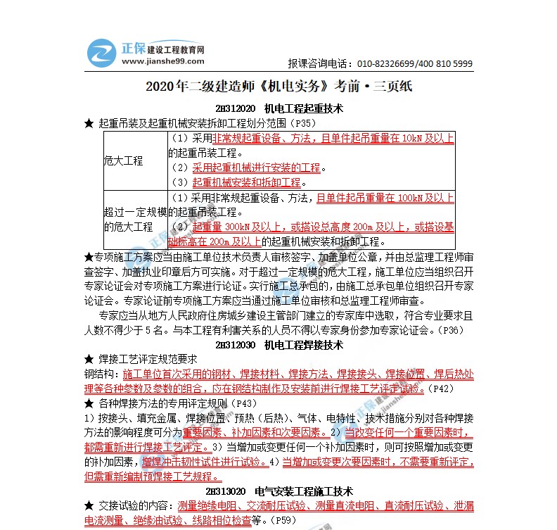 2020年二級建造師機電實務(wù)考前三頁紙（體驗版）