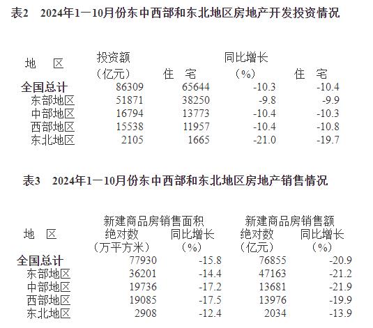 表2　2024年1—10月份東中西部和東北地區(qū)房地產(chǎn)開(kāi)發(fā)投資情況