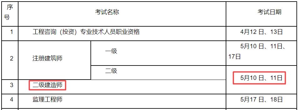 2025年江蘇二級建造師考試時間5月10日、11日
